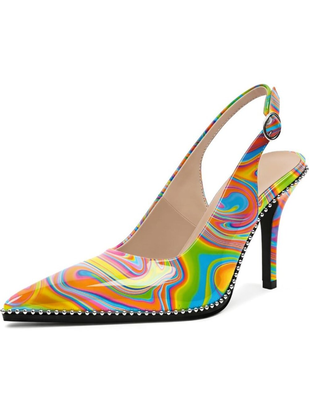 Chic Beaded High Heel Slingback Pumps, Pointed Toe Stilettos, Adjustable Ankle